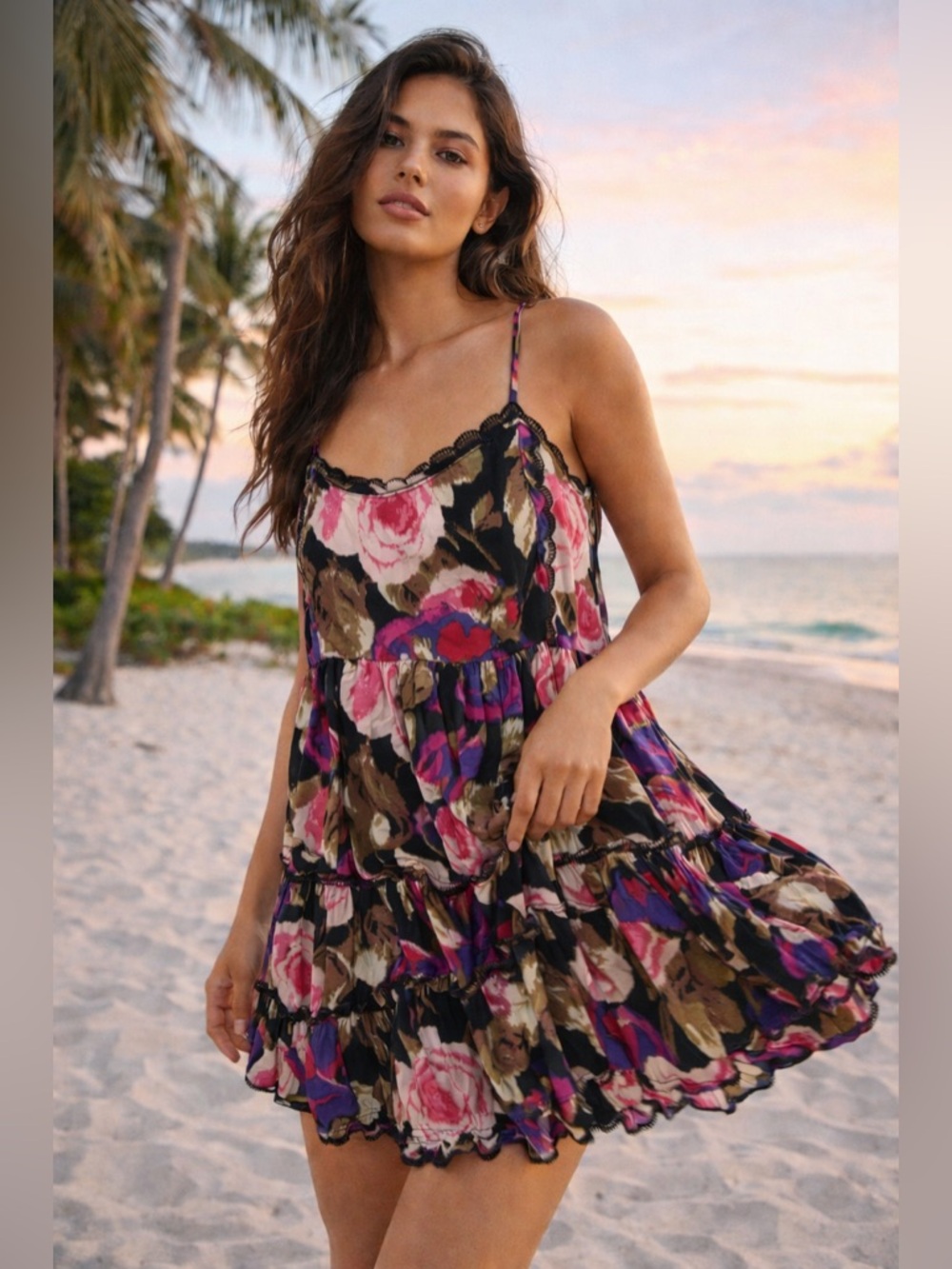 Urban Outfitters Black Floral Ruffle Mini Dress with Pink & Purple Blooms